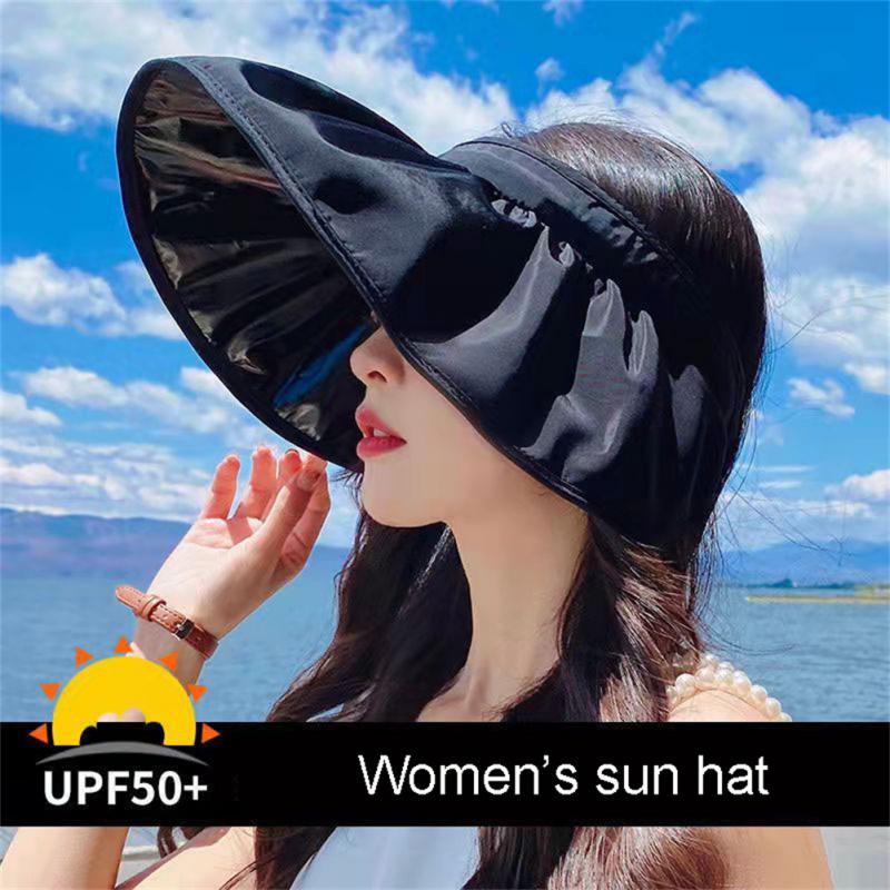 여름 쉘 양산 모자, UV 보호 이중 사용 헤어 후프 태양 모자, 여성용 야외 해변 부드러운 접이식 와이드 브림 버킷 캡